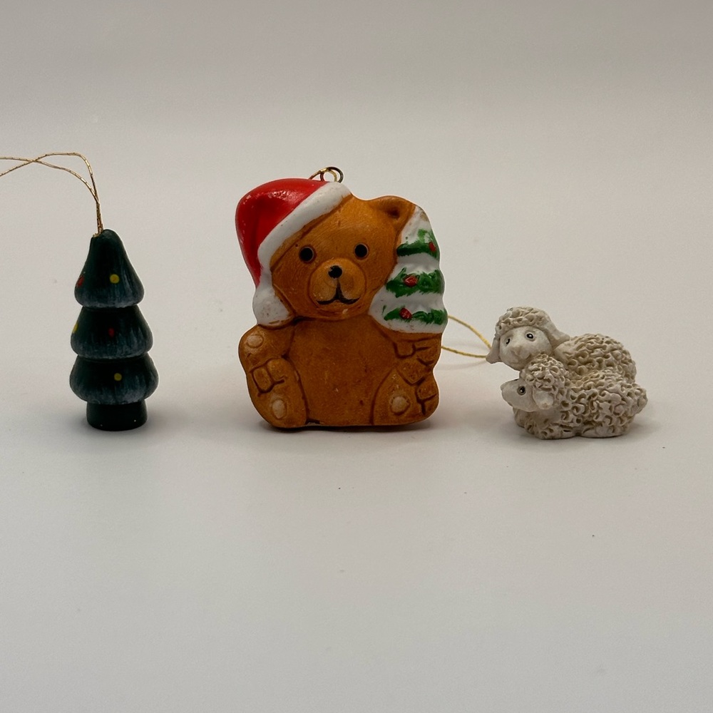 Vintage Mini Christmas Toys Ornaments, set of 3: Teddy Bear Christmas Tree Sheep